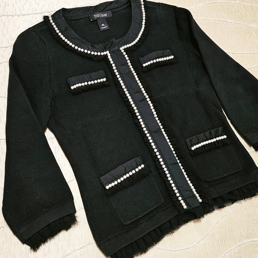 WHBM ELEGANT BLACK CARDIGAN w/ WHITE PEARL & BLACK RUFFLE POCKET & CUFF ACCENTS